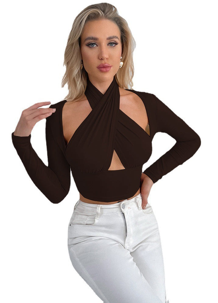 Elegantes Damen Oberteil mit Kreuzkragen – Slim Fit Langarm Shirt